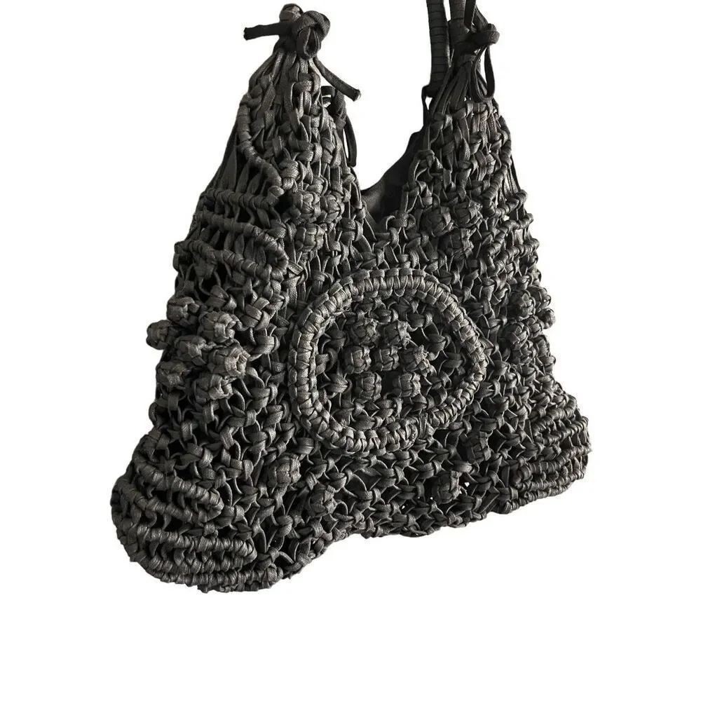 Clever Carriage Company Womens Black Crocheted Positano Hand Macrame Satchel Bag